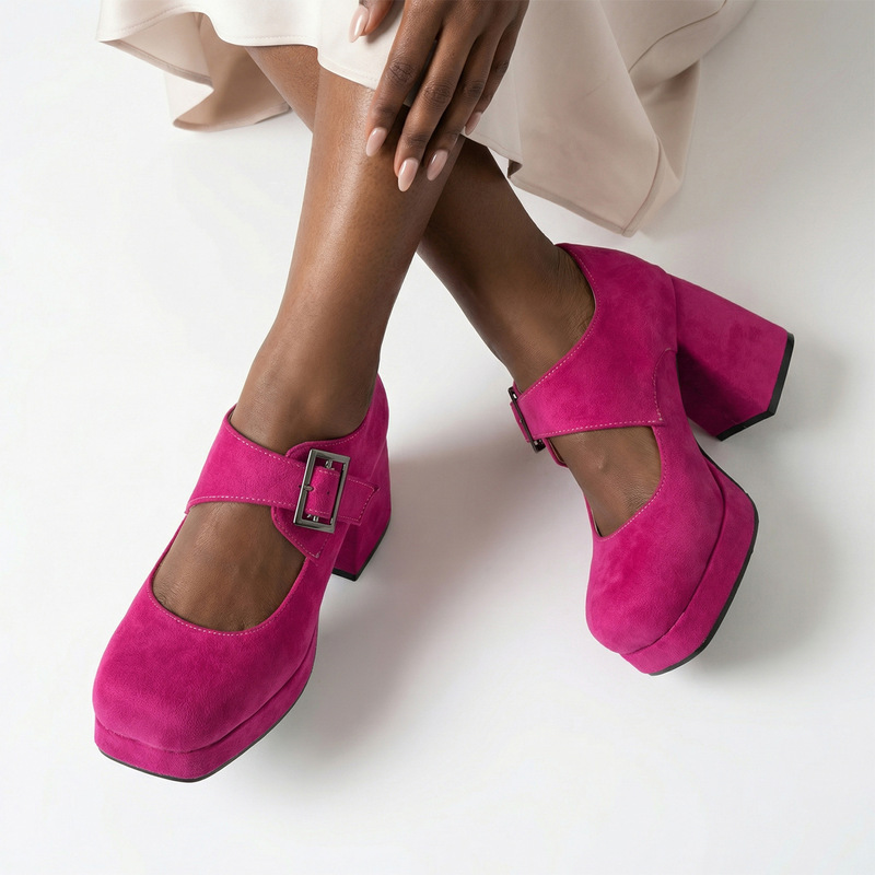 Cross-Border Supply 2026 Spring Fashion High-Heeled Shoes with Thick Soles, Sizes 40-48, Large Size, Buckle Strap, Suede Shallow Mouth Women's Single Shoes