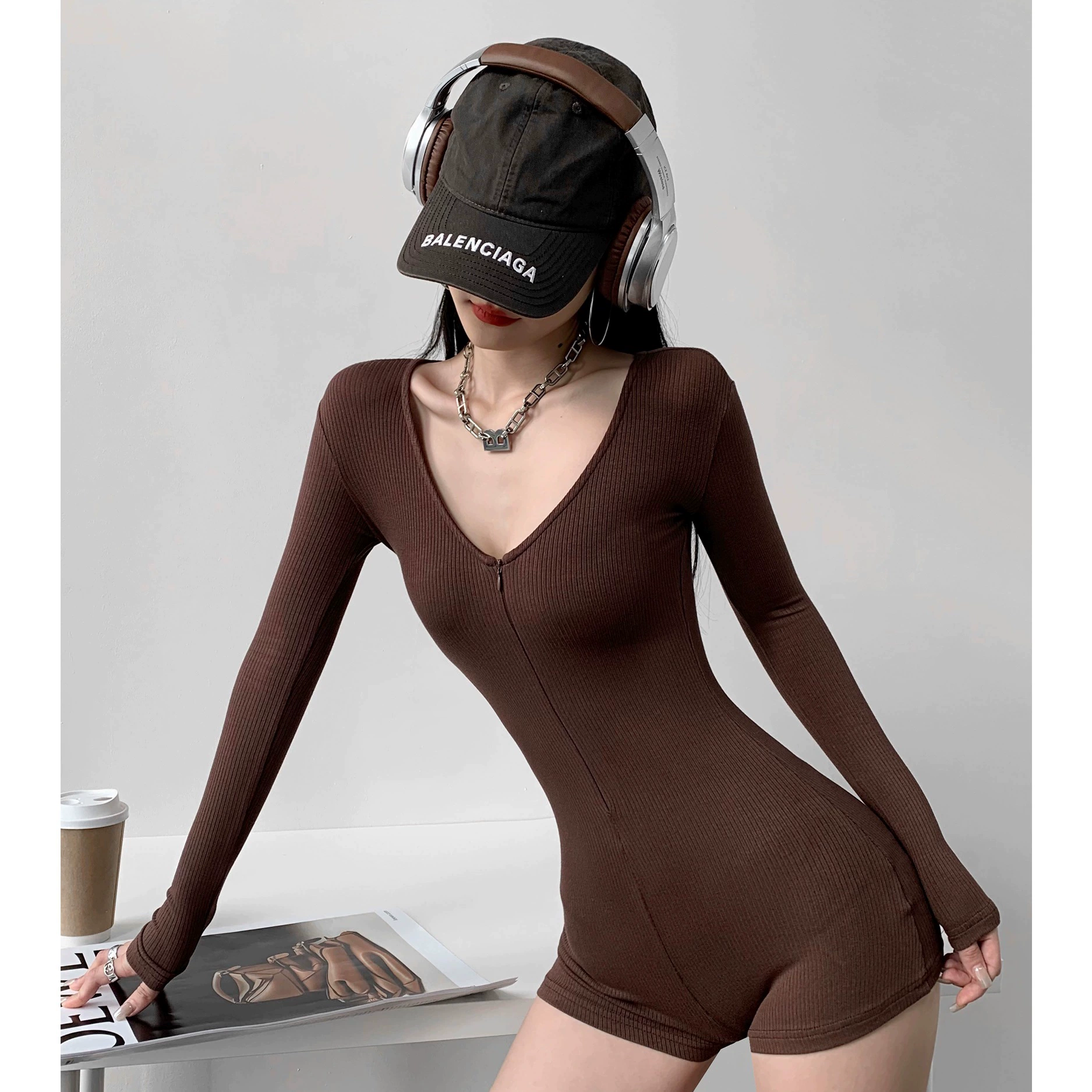 Американский горячий комбинезон с длинным рукавом женский 2025 новый фитнес-велоспорт