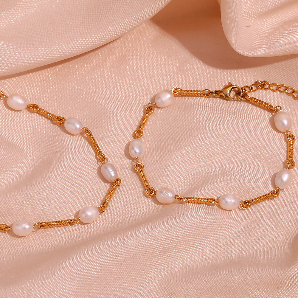 Fresh Water Pearl Stainless Steel Bracelet Necklace Sets