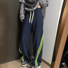美式复古设计感撞色三条杠卫裤街头风宽松百搭休闲裤男女ins条纹