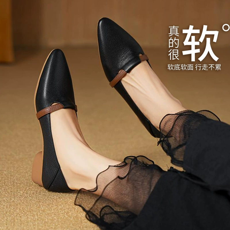 Одиночная обувь женский 2024 новый осенний французский фея нежный легкий рот мягкий подошва толстый каблук туфли Lefu кожаные туфли