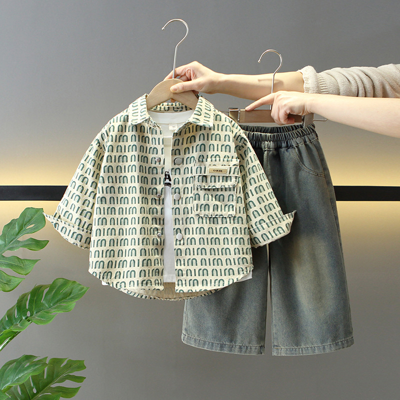 7679 traje de primavera para niños 2025 nuevo estilo estilo occidental moda primavera y otoño ropa camisa coreana de tres piezas