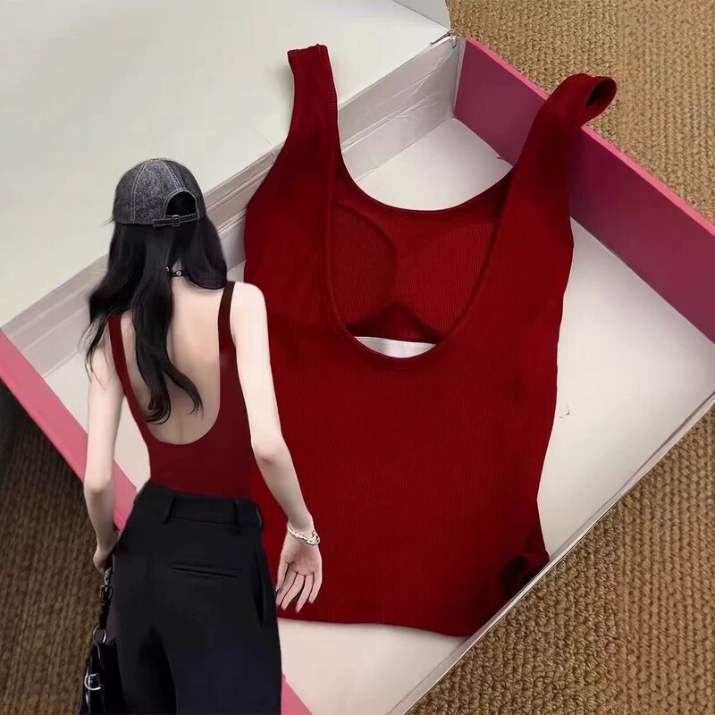 Red Camisole with Chest Pads for Women, Summer Outerwear, American Style, Backless Top, Non-Slip Shoulder Straps, Sexy Back Cutout Red Camisole with Chest Pads for Women, Summer Outerwear, American Style, Backless Top, Non-Slip Shoulder Straps, Sexy Back Cutout