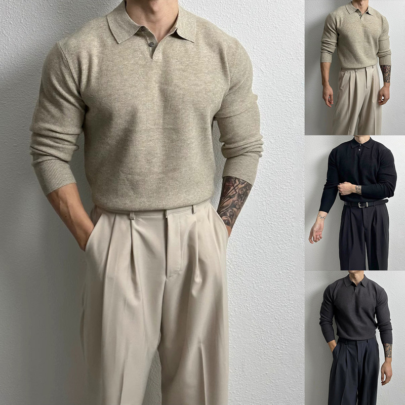 Spring and Autumn New Polo Shirt Lapel Long Sleeve Sweater Men's British Business Style Slim Fit Foreign Trade Cross-Border Wholesale