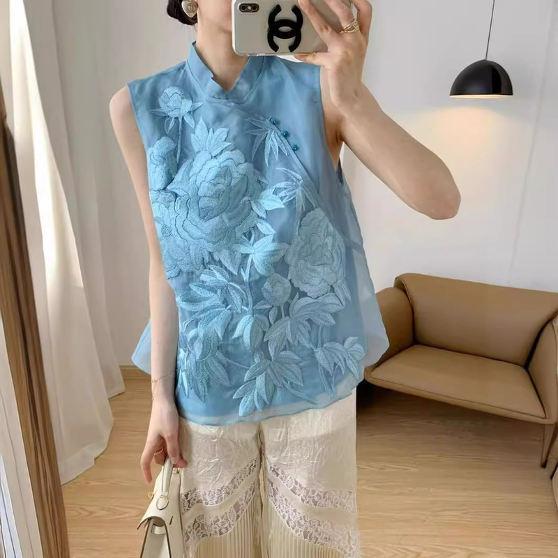 New Chinese Style Heavy Industry Embroidered Slant Collar Chiffon Blue Shirt Summer New National Style Chic Sleeveless Shirt for Women