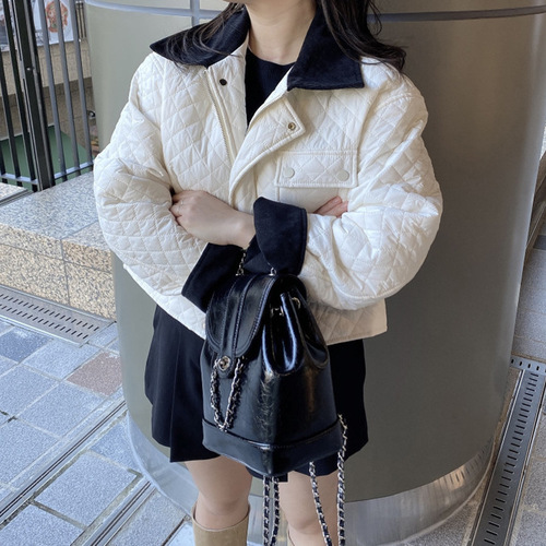 Women's Cotton Padded Jacket with Reverse Collar, Single Button, Checkered Pattern, Long Sleeve, Retro Color Combination - Autumn/Winter Style from Korea