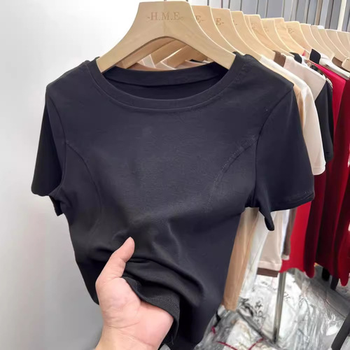 Stylish Versatile Women's Summer 2025 T-Shirt with Curved Hem Asymmetrical Design Pure Cotton Short-Sleeved Top Trendy