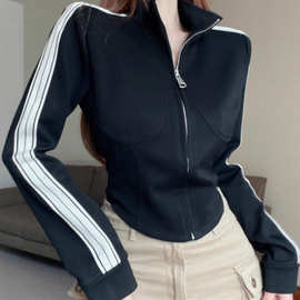 ins纯欲性感短款拉链鱼鳞三条杠外套女立领开衫辣妹上衣外套女潮