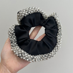 大腸發圈高級感緞面黑咖色法式復古珍珠水晶邊女扎馬尾丸子頭髮飾