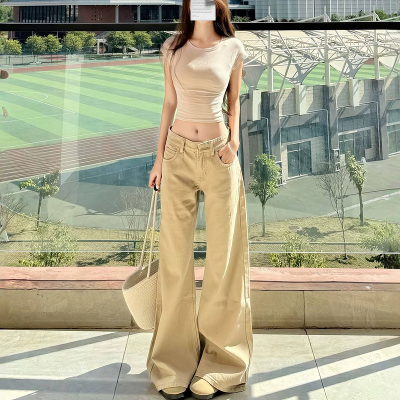 American-Style Khaki Low-Waist Flared Jeans for Women, Summer Slim-Fit Loose Wide-Leg Bell-Bottom Pants, Slimming Pants for Women