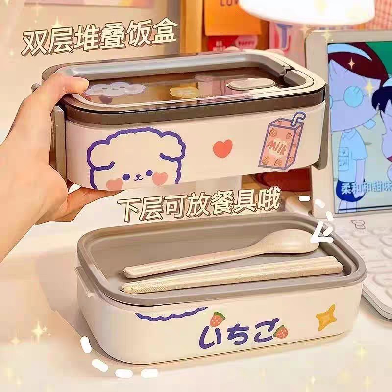 热销亚马逊双层塑料卡通饭盒便携分隔上班族学生餐盒食品级水果盒