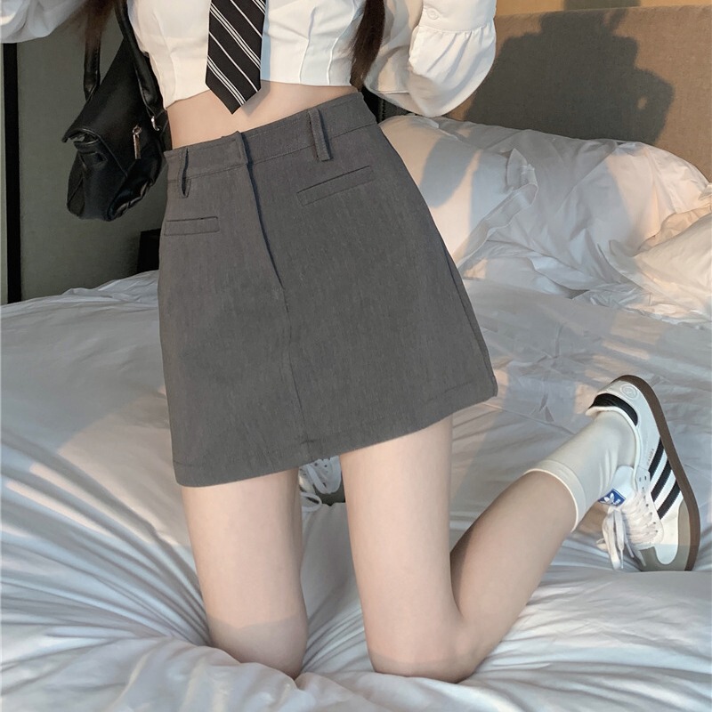 High waist slimming casual suit skirt for women plus size chubby girl Spring and Autumn New Office gray A- line skirt ins