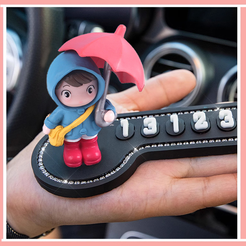 Tarjeta de estacionamiento temporal para automóvil, placa de número de diamante, movimiento de automóvil, placa de teléfono, paraguas, niña de dibujos animados, mujer