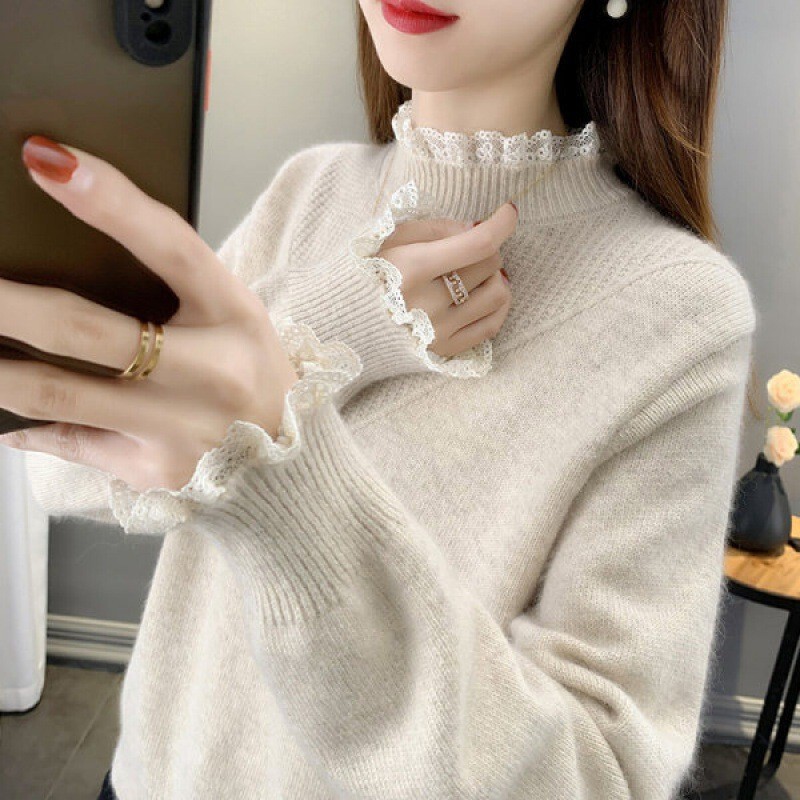 Women's half turtleneck stitching lace sweater winter New inner knitted bottoming shirt solid color warm pullover sweater Women's half turtleneck stitching lace sweater winter New inner knitted bottoming shirt solid color warm pullover sweater