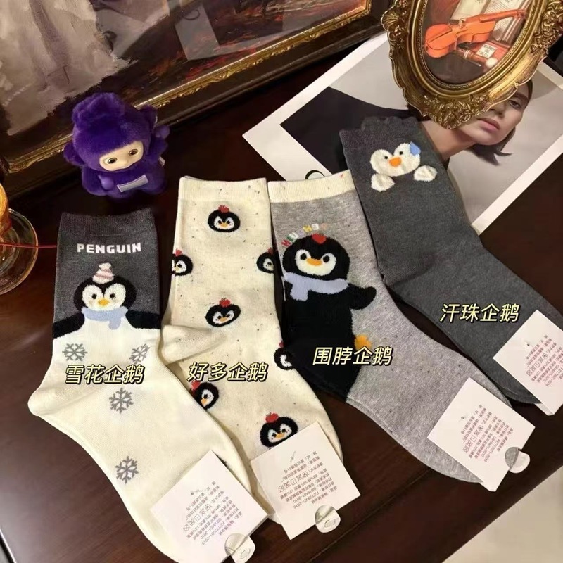 秋冬季软软糯糯企鹅袜子女植绒韩系卡通东大门女中筒立体少女学生|undefined