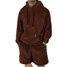 时尚毛茸茸百搭长袖连帽上衣系带短裤男士休闲印花裤套装秋冬男女