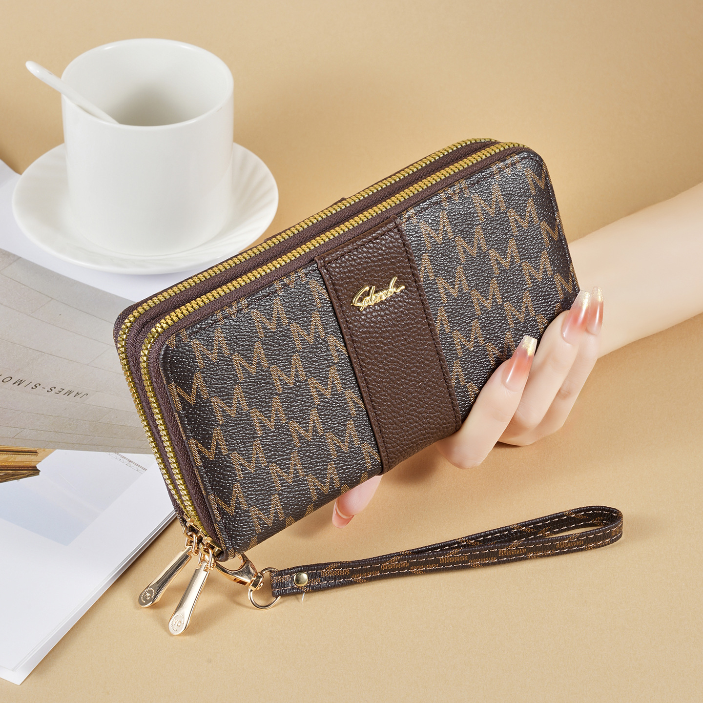 Nuevo tipo de billetera de doble tracción de tendencia transfronteriza impresión de empalme de moda universal doble multi-tarjeta zipper bolso