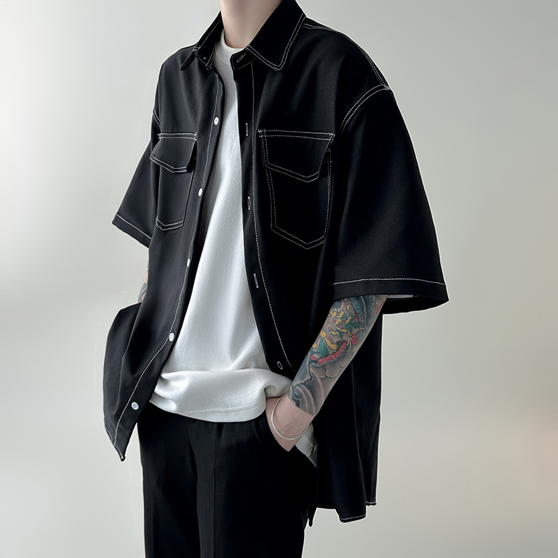 Men's shirt summer thin Japanese fashion brand ruoshuai workwear short sleeve 2023 New Ice Silk half sleeve shirt coat
