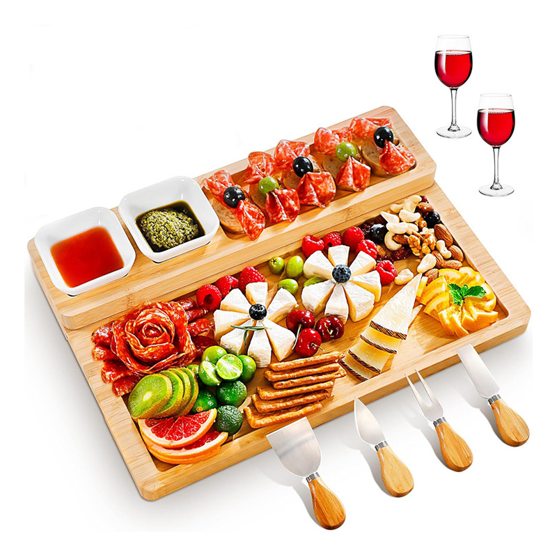 Cross-Border Bamboo Cheese Board with Knife and Fork Set Party Cheese Board Western Steak Pizza Cheese Plate