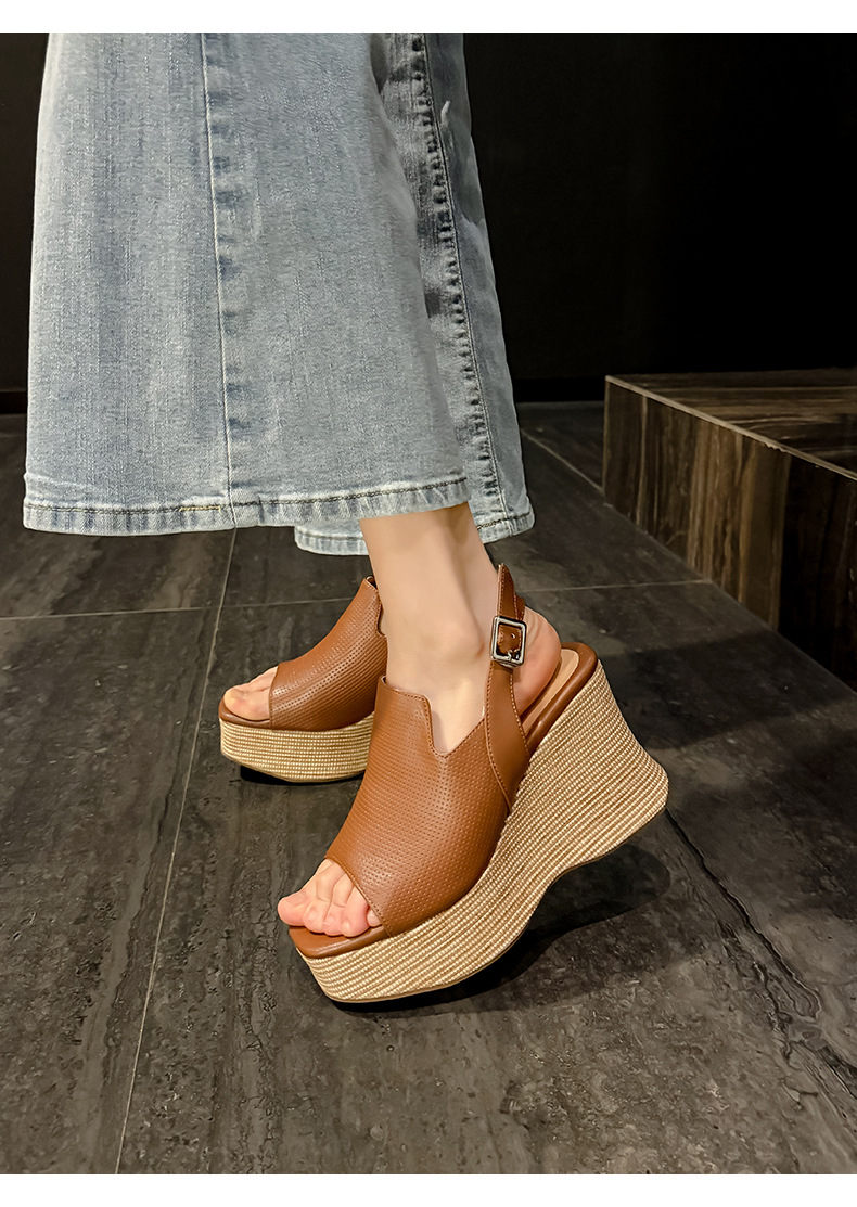 Sandal nữ hở mũi đế xuồng cao 10 cm quai hậu phong cách La Mã — màu nâu, màu trắng ngà chi tiết 12