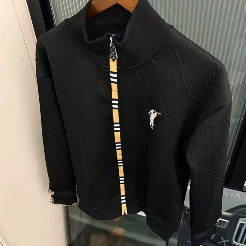 Dark patterned everyday embroidered commuter top with contrasting colors, stand-up collar, street style, zippered, loose casual fit, men's, black and white Dark patterned everyday embroidered commuter top with contrasting colors, stand-up collar, street style, zippered, loose casual fit, men's, black and white