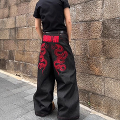 アメリカンプラスサイズホットガールヘビーデザイン赤ヘビ刺繍ジーンズ女性サブカルチャーレトロワイドレッグフロアレングスパンツ