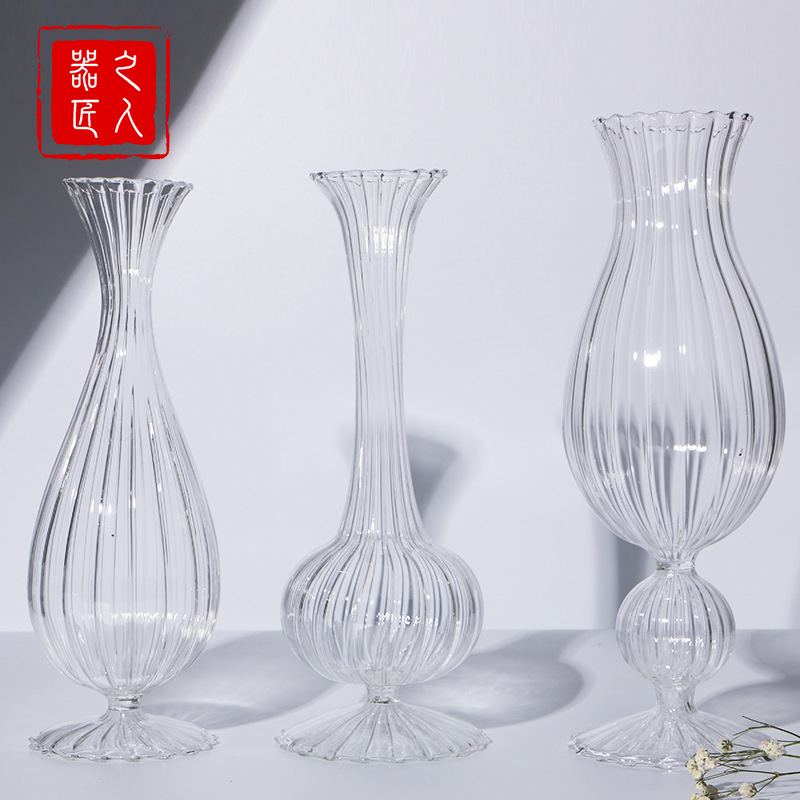 餐厅客厅摆件玻璃花瓶ins极简装饰复古不规则异形透明条纹插花瓶