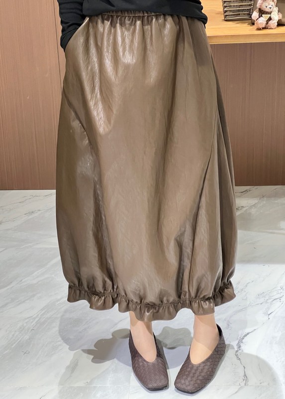 南油代发PU皮松紧腰花苞半裙2025新款时尚设计下摆木耳边中长裙女|undefined