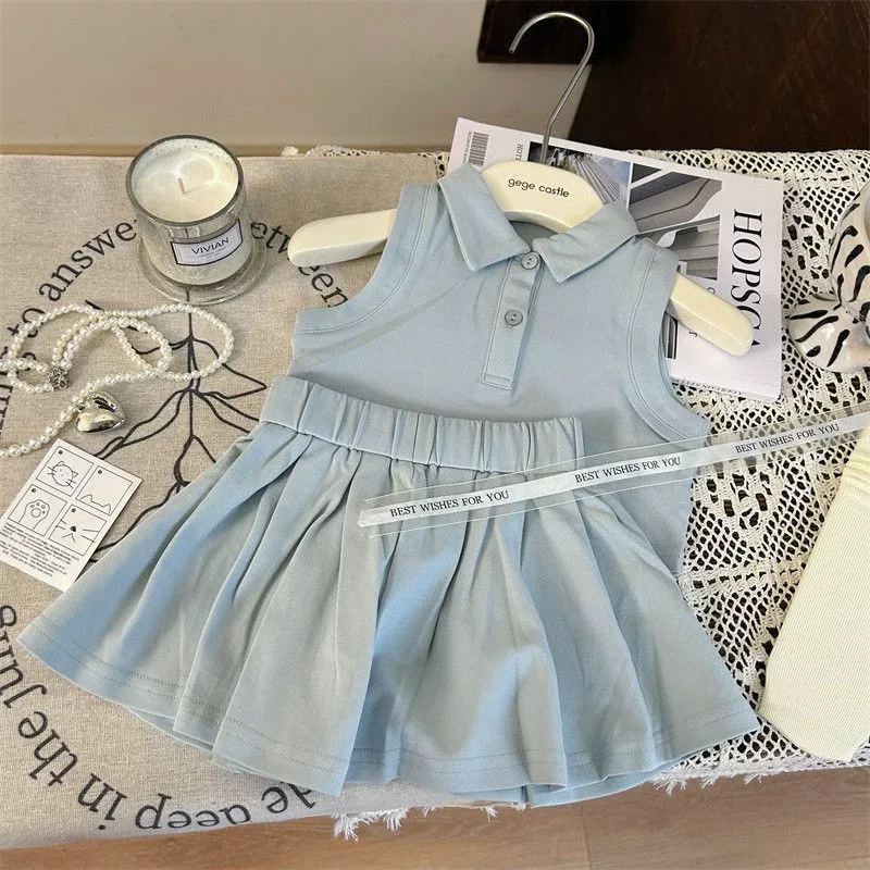 Set, vest sleevless, blue pleated skirt, (Physicals)