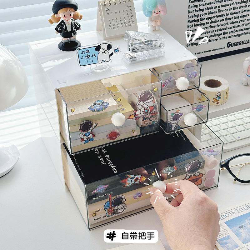 桌面收纳盒抽屉式透明书桌上文具化妆品置物架办公室整理盒批发|undefined