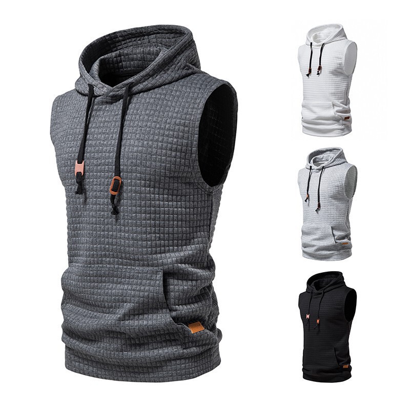 Men's Jacquard Hooded Sweatshirts Sleeveless Solid Color Knitted Hoodie Pullover Vest Male Men's Jacquard Hooded Sweatshirts Sleeveless Solid Color Knitted Hoodie Pullover Vest Male