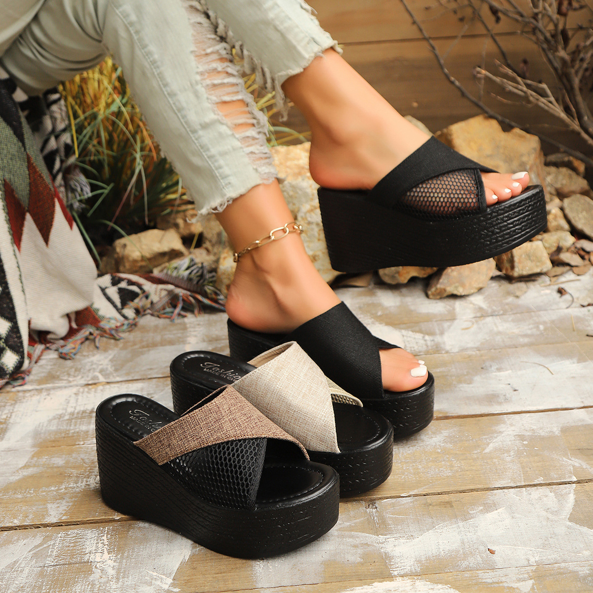 Plus Size Hollow Out Wedge Sandals For Women, Summer New Style, Thick Sole Fabric, Thick Sole Sandals, Size 43_vogvips.com