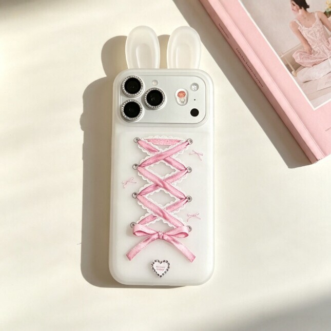Pink bow and bunny ears case suitable for 1716pro Apple phone case 15/14 shockproof 13/12promax Pink bow and bunny ears case suitable for 1716pro Apple phone case 15/14 shockproof 13/12promax