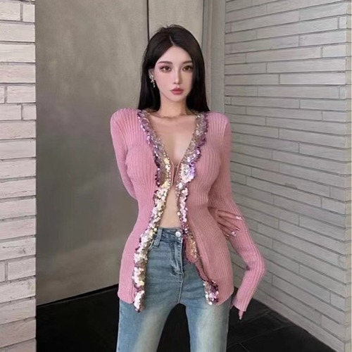 YIMENG23 French pink sequined knitted cardigan for women, gentle age-reducing long-sleeved top, niche bottoming shirt jacket