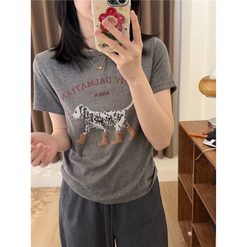 Spring Not Late Design Sense Dalmatian Printed T-shirt Shoulder Slimming Super Soft Super Elastic Top Women's 2025 Summer New Spring Not Late Design Sense Dalmatian Printed T-shirt Shoulder Slimming Super Soft Super Elastic Top Women's 2025 Summer New