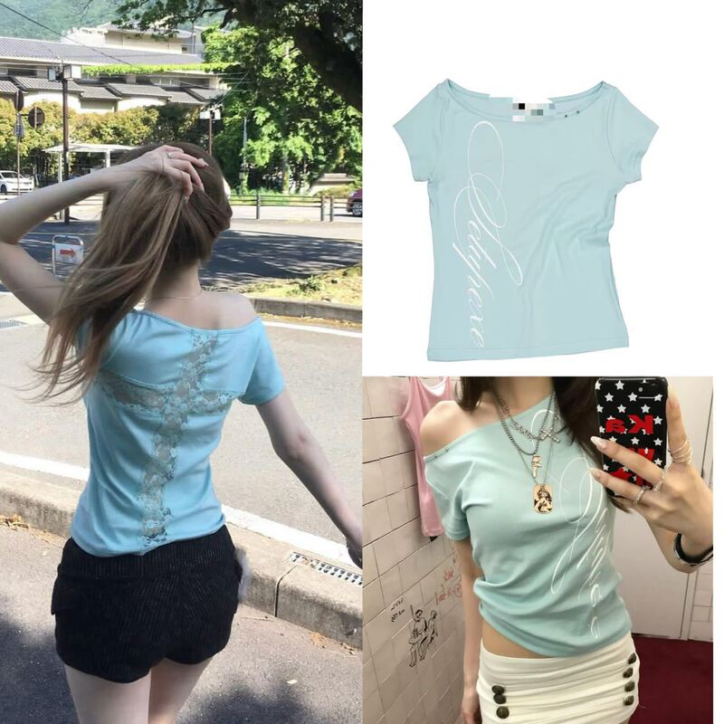 In-Stock Korean Style Lace Cross-Back Mint Green Short-Sleeve Off-Shoulder T-Shirt for Women, Same Style as Instagram Bloggers In-Stock Korean Style Lace Cross-Back Mint Green Short-Sleeve Off-Shoulder T-Shirt for Women, Same Style as Instagram Bloggers