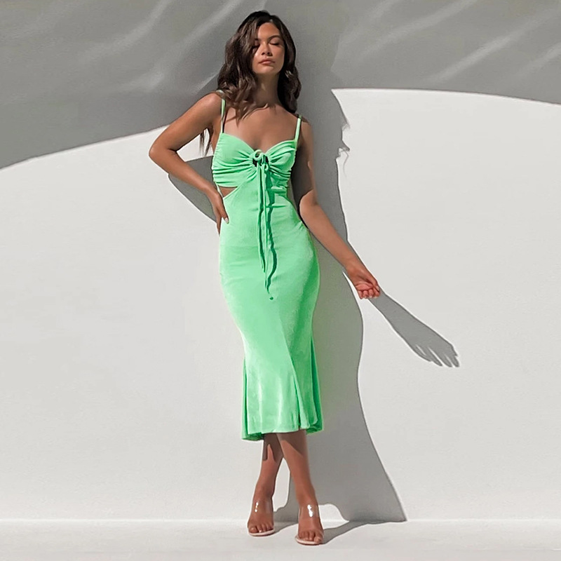New Bright Knitted Hollow-out Waist Dress Chic  Sexy Chest-Flattering Midi Dress Summer in Dresses