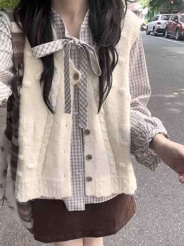 早秋学院风宽松显瘦软糯针织开衫女学生+百搭复古格纹衬衫两件套|undefined