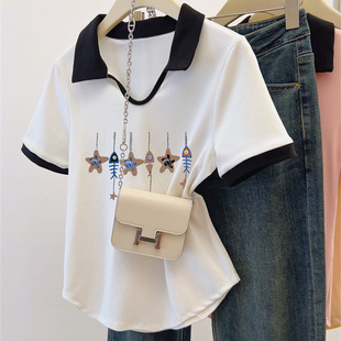 plus size Chubby MM2024 Shoulder Short-sleeved T-shirt Women's Summer Polo Collar Slim Belly Covering Irregular Top