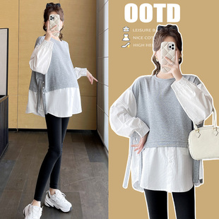 2023 new maternity clothes autumn fake two-piece stitching shirt plus size fashion trendy mom casual T-shirt all-match long sleeve
