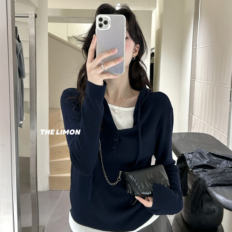 thelimon柠檬绿茶2025秋季新款设计感假两件连帽长袖针织衫女上衣|undefined