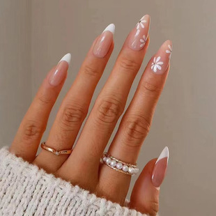 X-0142 wear armour European and American white-edged French daisy florets wear nail art 24 removable fake nails wholesale