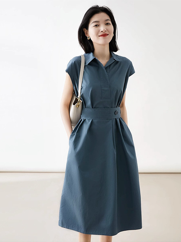 Đầm suông midi cổ polo tay ngắn phong cách Pháp — đen