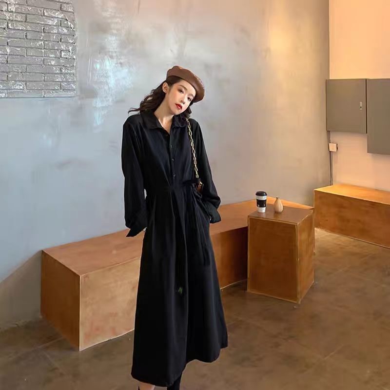 Hepburn Style Autumn and Winter Korean Style Black New Waist Slimming Long Skirt Women's Classic Versatile Shirt Collar Dress