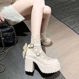 Hot Girl White High Heels Women's 2025 Spring New Waterproof Platform Heightening Sweet Bow Mary Jane Small Leather Shoes