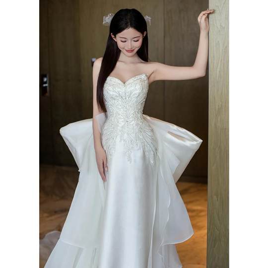 High-end Heavy Embroidered Light Wedding Dress Tube Top Fishtail Evening Dress Tail Banquet French Simple Satin Gauze