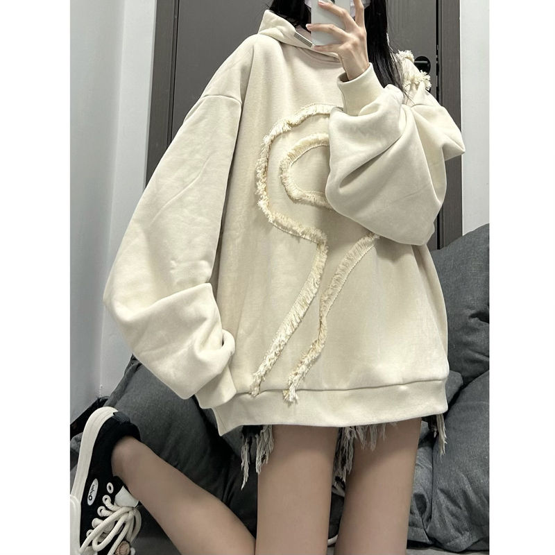 Heavyweight American-Style Design Hooded Sweatshirt for Women, Loose and Casual Hong Kong Style Top, Fleece-Lined and Thickened for Autumn and Winter Heavyweight American-Style Design Hooded Sweatshirt for Women, Loose and Casual Hong Kong Style Top, Fleece-Lined and Thickened for Autumn and Winter