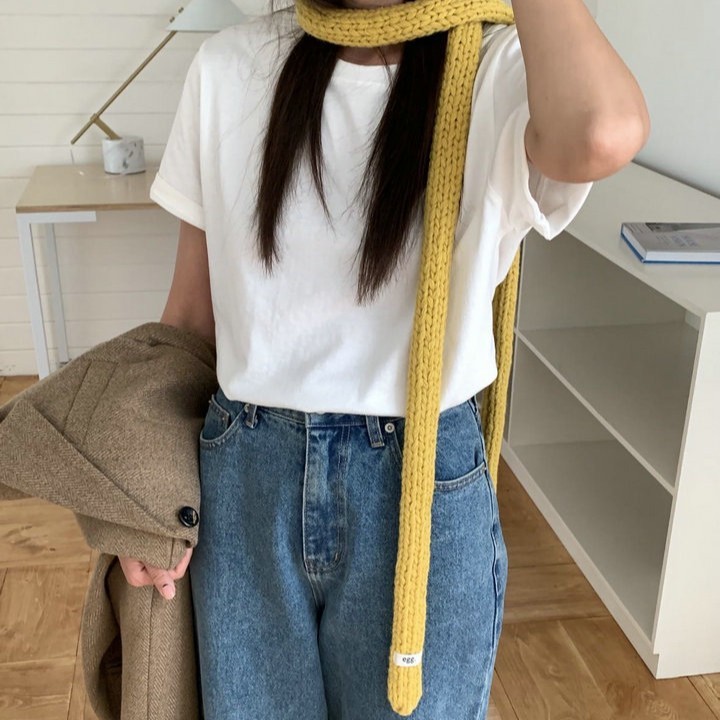 韩版egg纯色软糯细窄长条针织毛线围巾女早秋腊肠法棍纯色小围脖|undefined