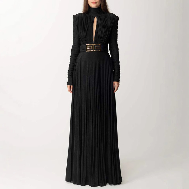 Pleated Solid Color V-Back Long-Sleeve High-Neck Long Evening Gown
