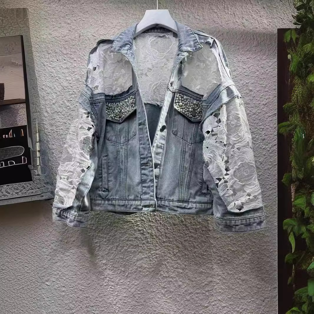 Sheer Embroidered Denim Jacket – Oversized Cropped Style With Lace Trim & UV Protection (S-XL, Light Wash, Casual-Chic Layering Essential)_mkmklike.com